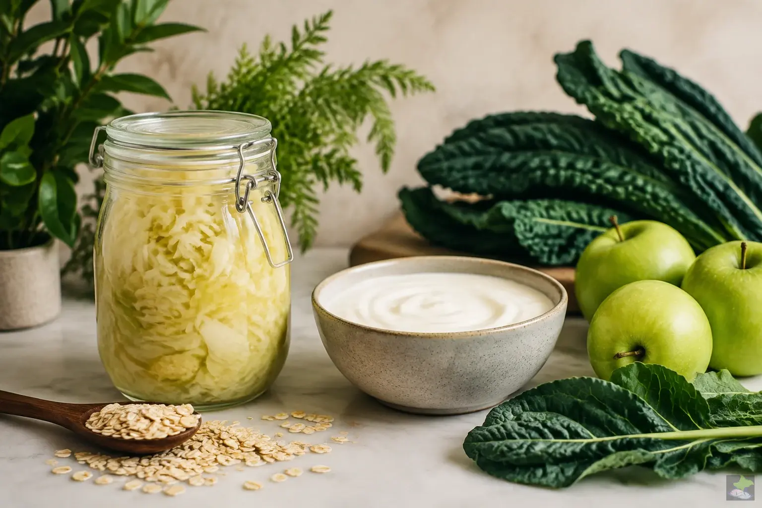 Sauerkraut, pflanzlicher Joghurt, Äpfel und Haferflocken.