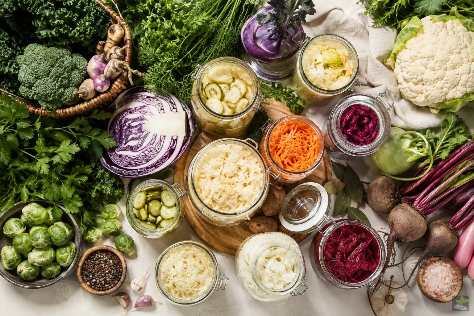 Vielfältiges Gemüse neben fermentierten Lebensmitteln.