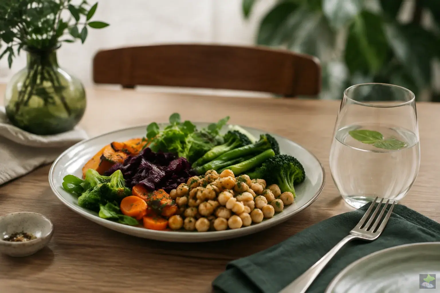 A balanced plate of chickpeas and vegetables with water.