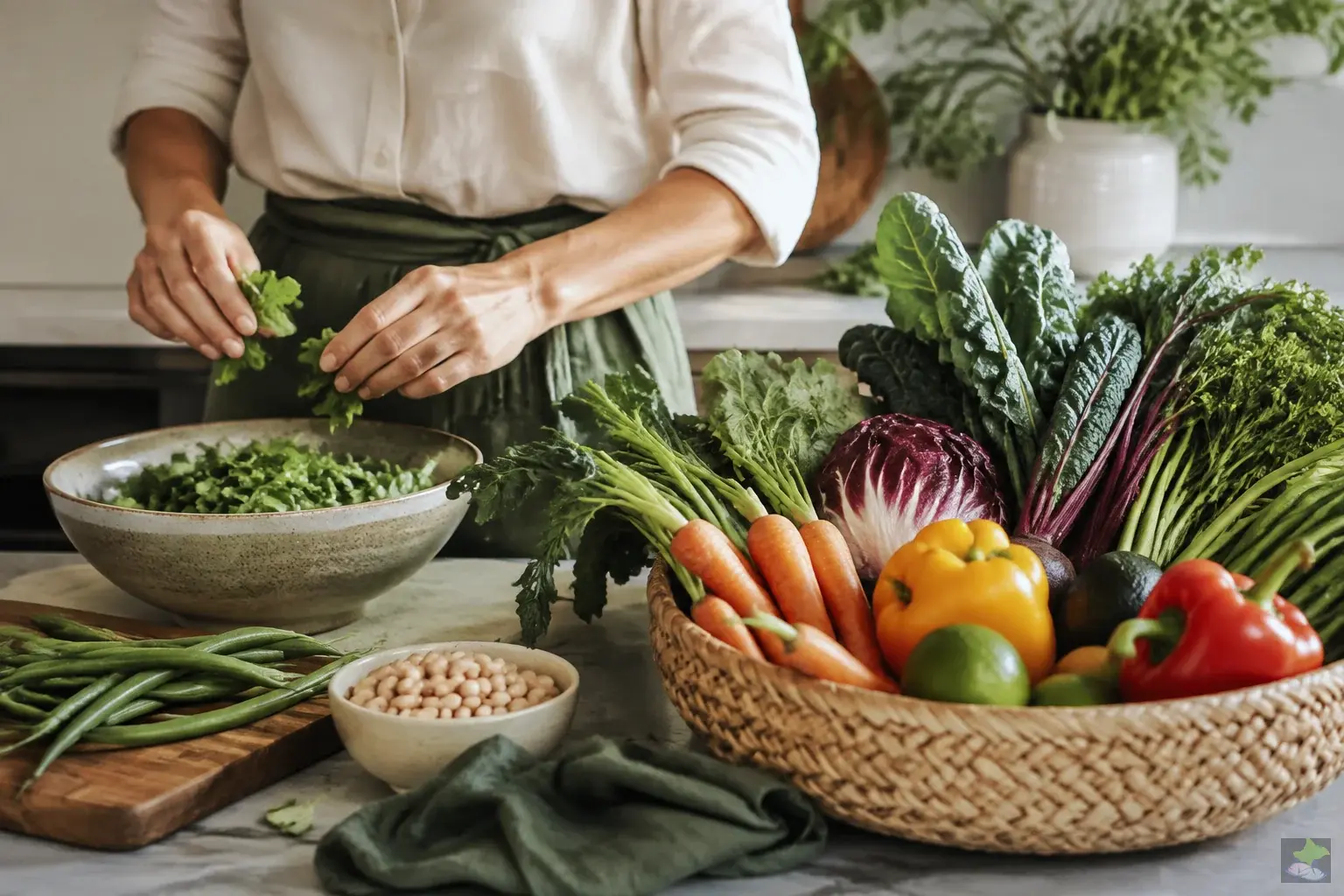 Hands preparing fresh vegetables from a shopping basket
