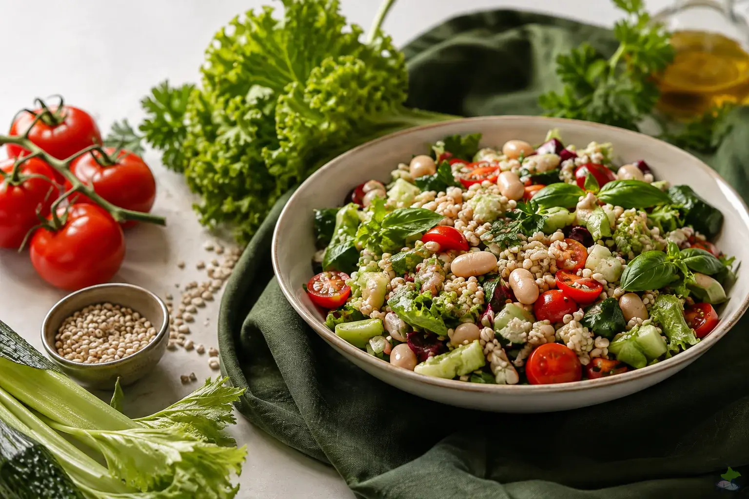 Bean salad with barley, tomatoes and leafy vegetables