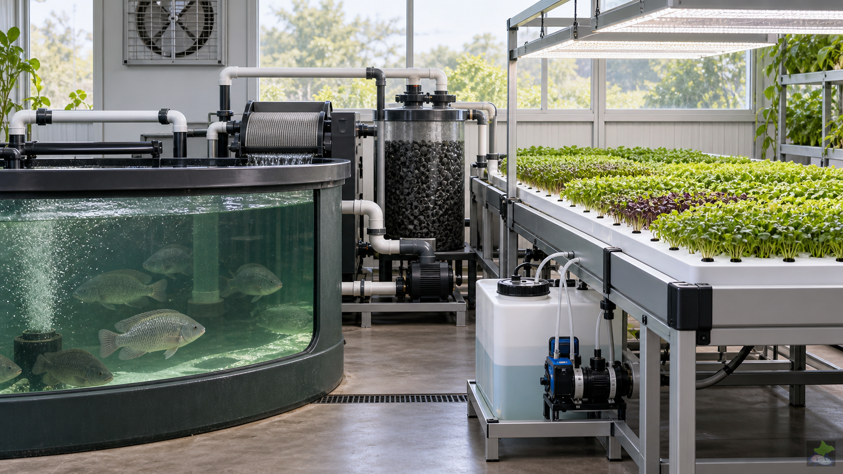 Teilgekoppeltes Aquaponik-System mit Fischbecken, Filterung und Microgreen-Trays