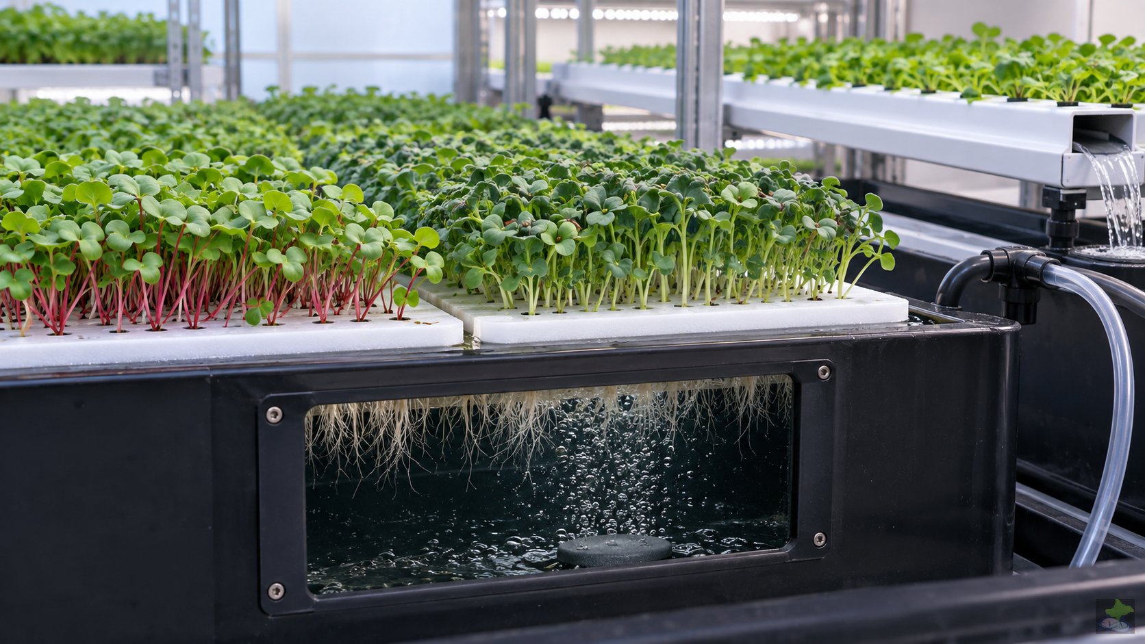Microgreens in einem lichtgeschützten Deep-Water-Culture-System