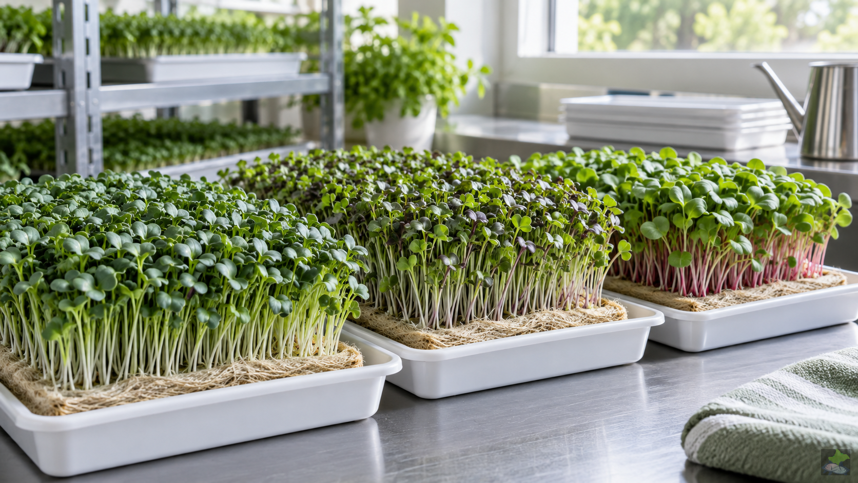 Microgreens auf sauberen Naturfasermatten in flachen Anzuchtschalen
