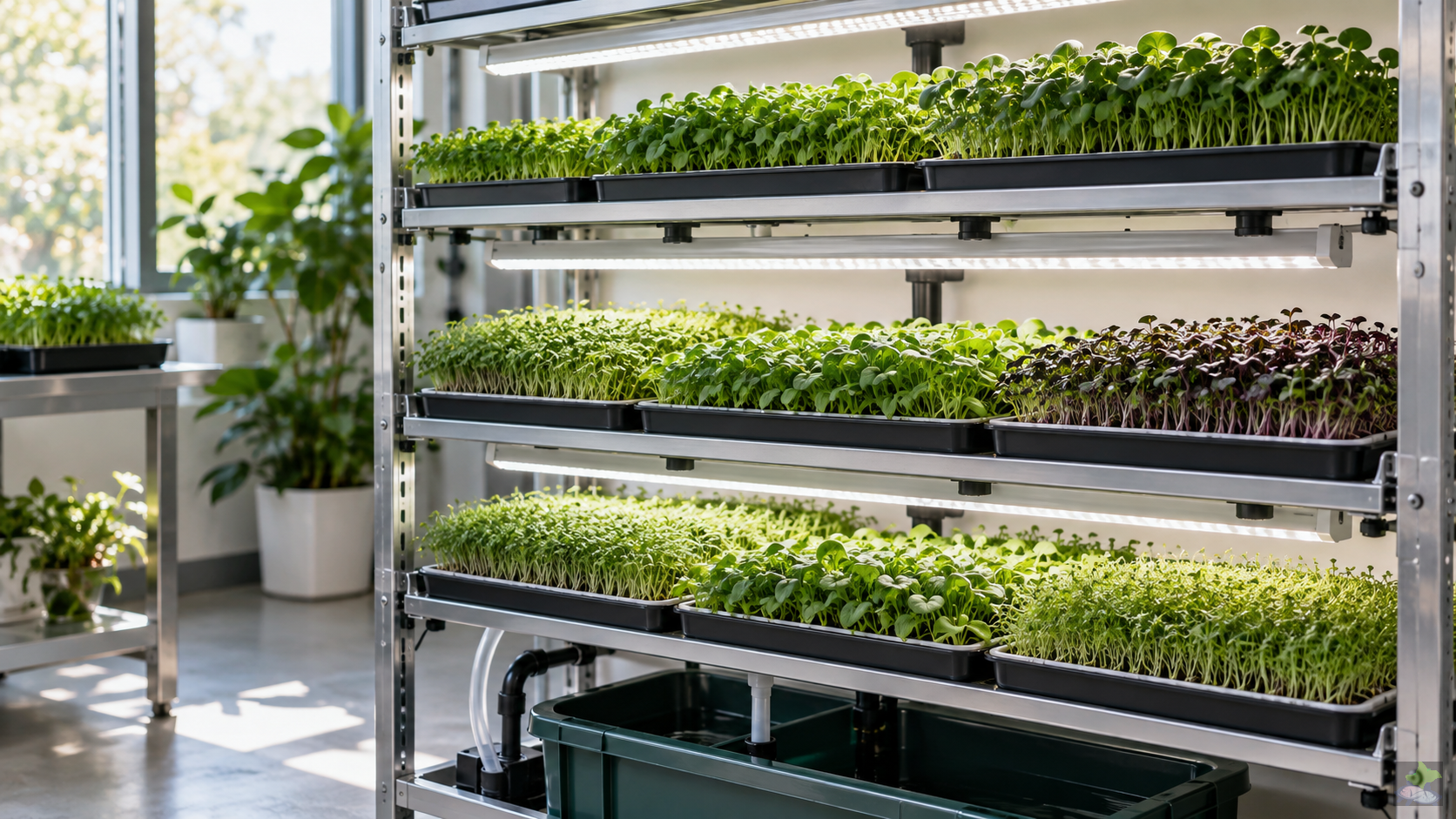 Mehrstöckiges Indoor-Regal mit Microgreen-Trays und weißen LED-Leuchten