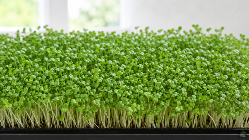 Cultivo denso de finos microbrotes de berro de jardín en una bandeja negra
