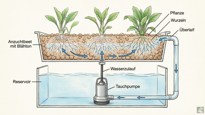 Schema eines Ebbe-Flut-Beets mit Blähton, Wasserzulauf, Überlauf, Pumpe und Reservoir