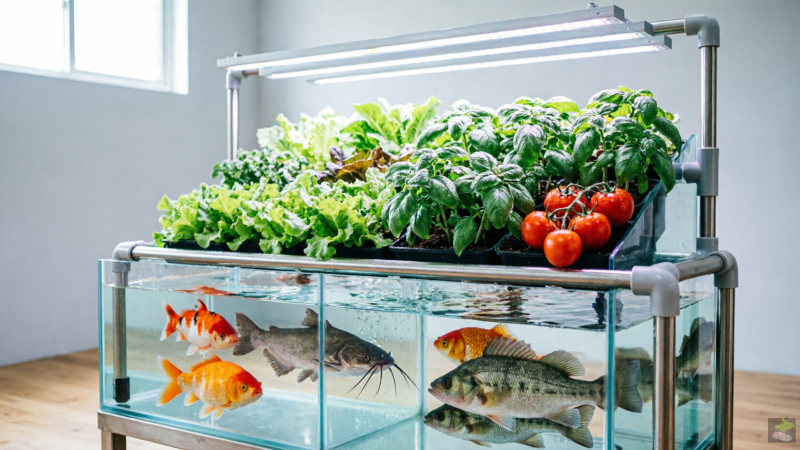 Aquaponiksystem mit Fischbecken und Pflanzenbereich