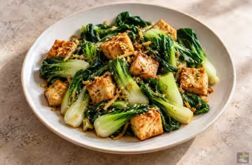 Illustration: gebratener Pak Choi mit Tofu und Sesam