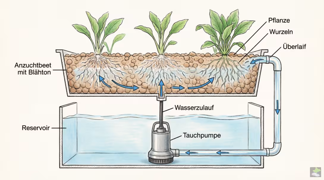Schema eines Ebbe-Flut-Beets mit Blähton, Wasserzulauf, Überlauf, Pumpe und Reservoir