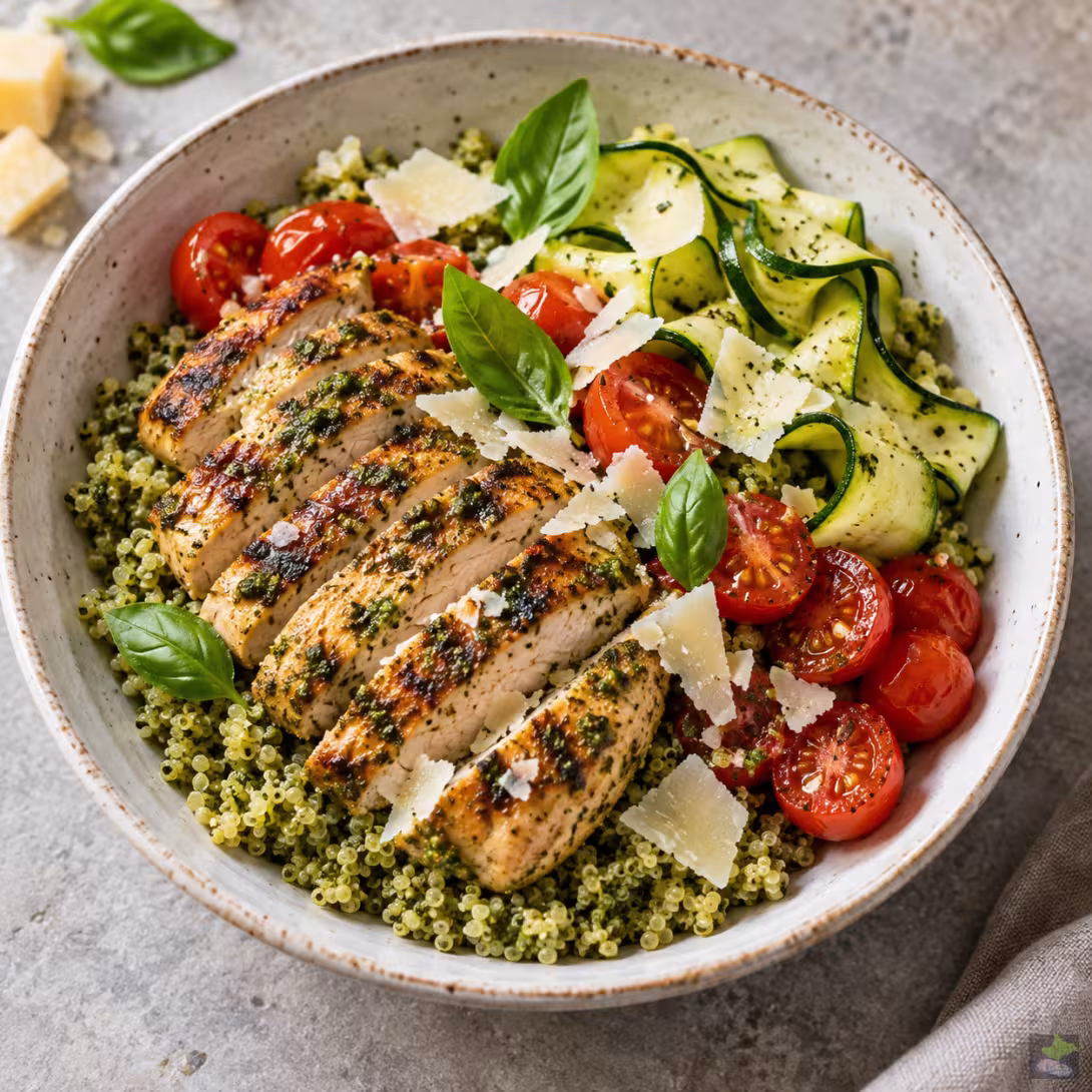 Bol de quinoa con pollo al pesto