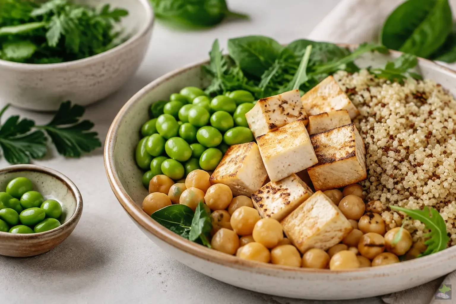 Tofu, Edamame, Kichererbsen und Quinoa in einer Schale.