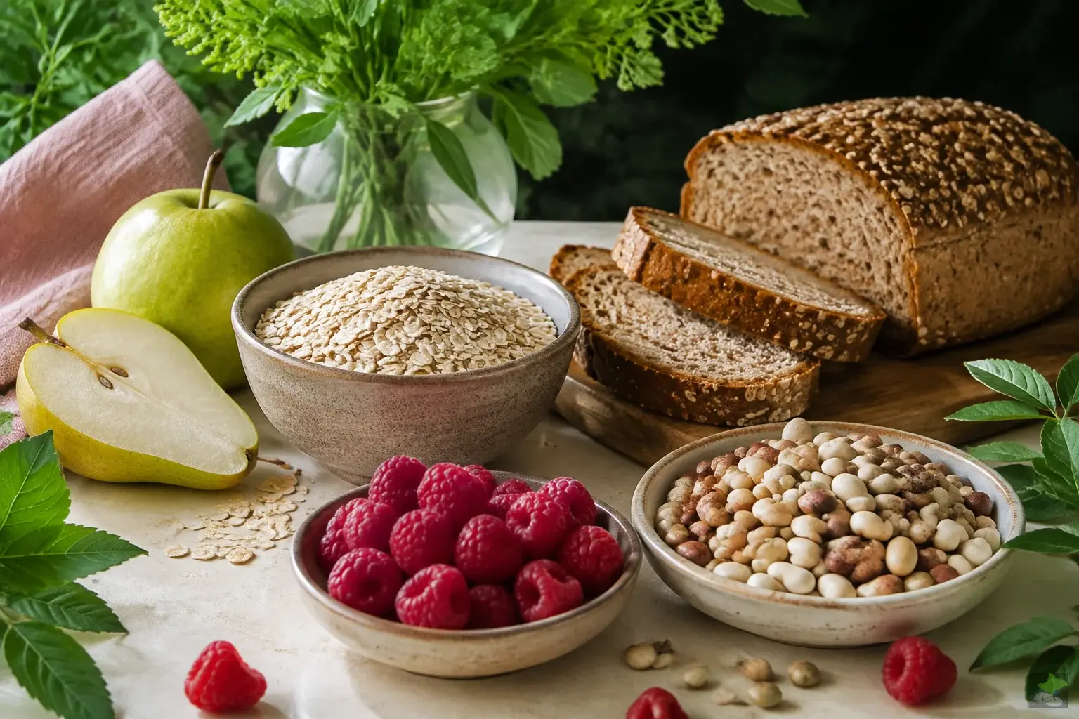 Haferflocken, Vollkornbrot, Birnen, Bohnen und Himbeeren.