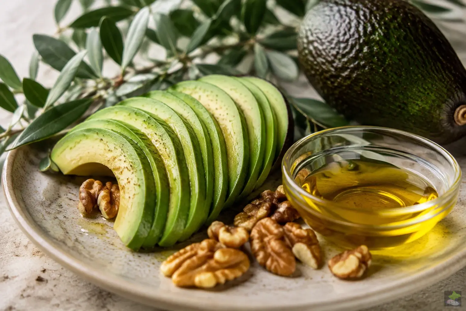 Avocado, Walnüsse und Olivenöl auf einem hellen Teller.
