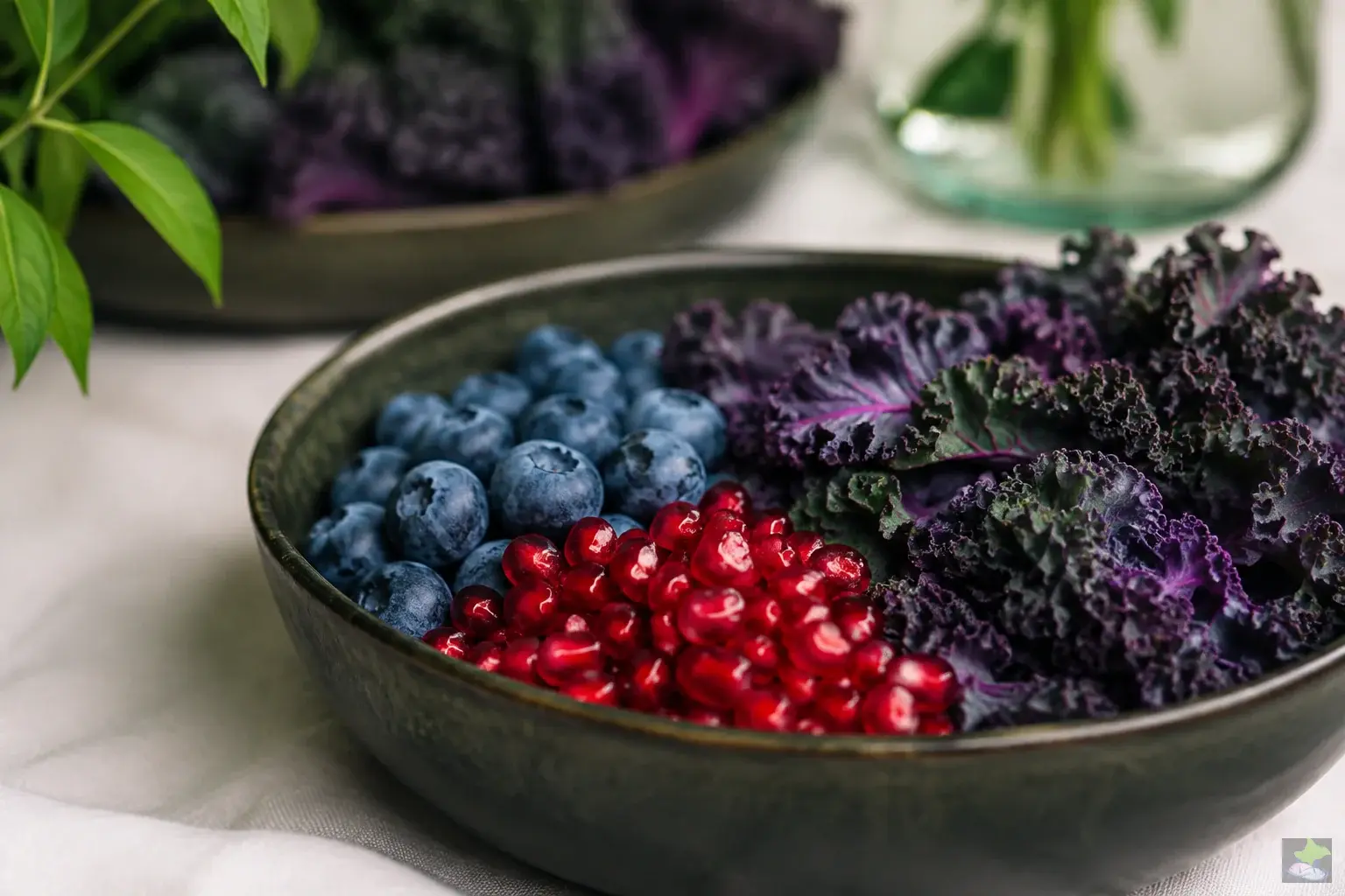 Blaubeeren, Granatapfelkerne und violetter Grünkohl.