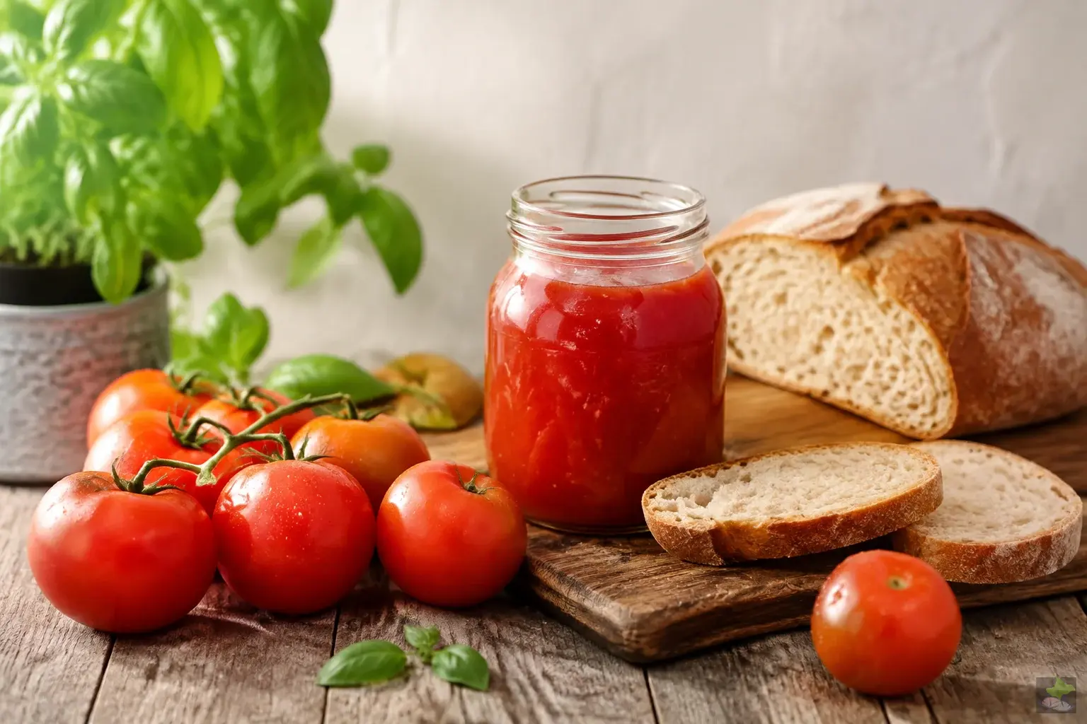 Tomates frescos junto a salsa de tomate y pan.