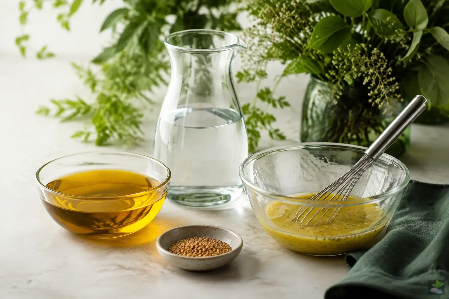 Aceite, agua, semillas de mostaza y aliño recién preparado.