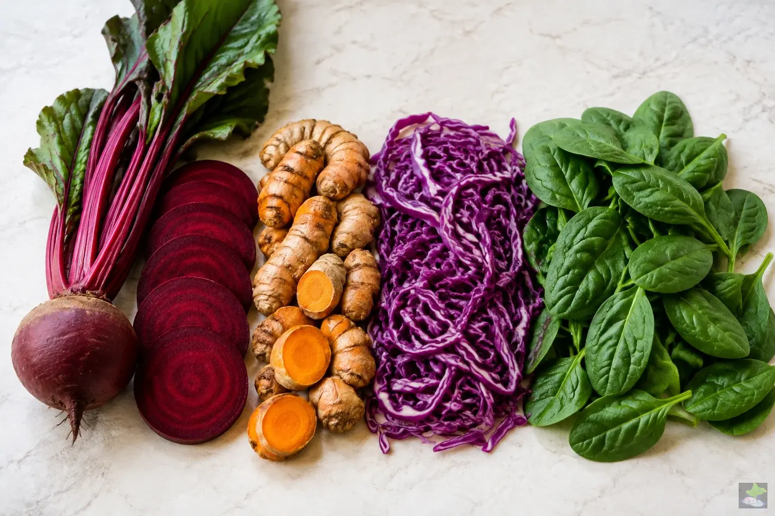 Remolacha, cúrcuma, col lombarda y espinacas como paleta natural de colores.