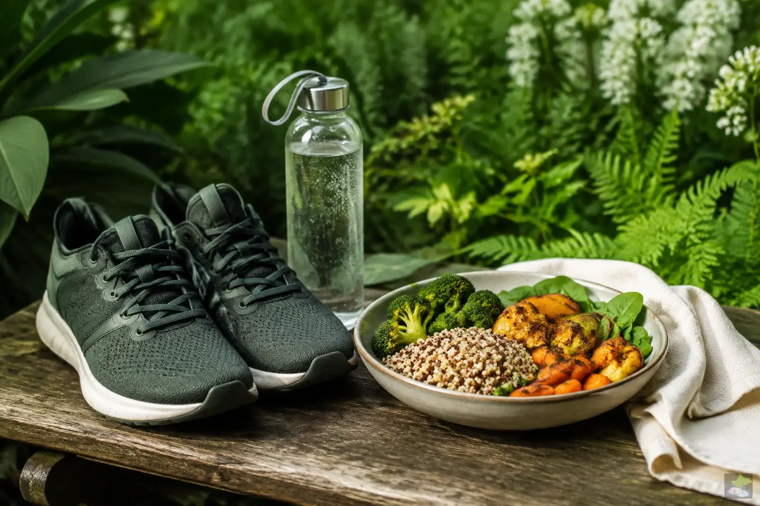 Schuhe, Wasserflasche und Gemüsemahlzeit auf einer Gartenbank.