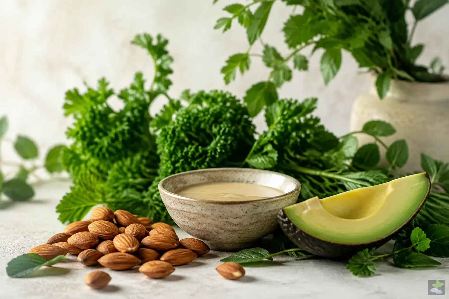 Mandeln, Tahini, Avocado und frische Kräuter.