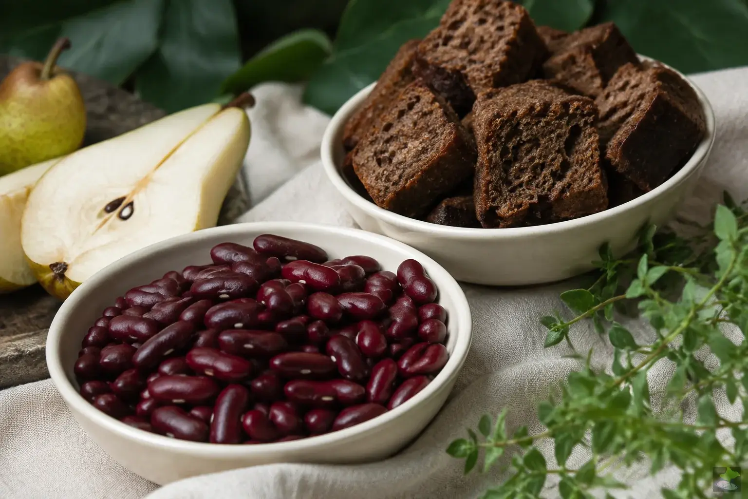 Birne, Roggenbrot und Kidneybohnen.