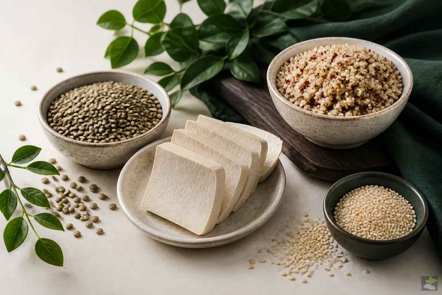 Linsen, Tofu, Quinoa und Sesam als pflanzliche Eiweißquellen.