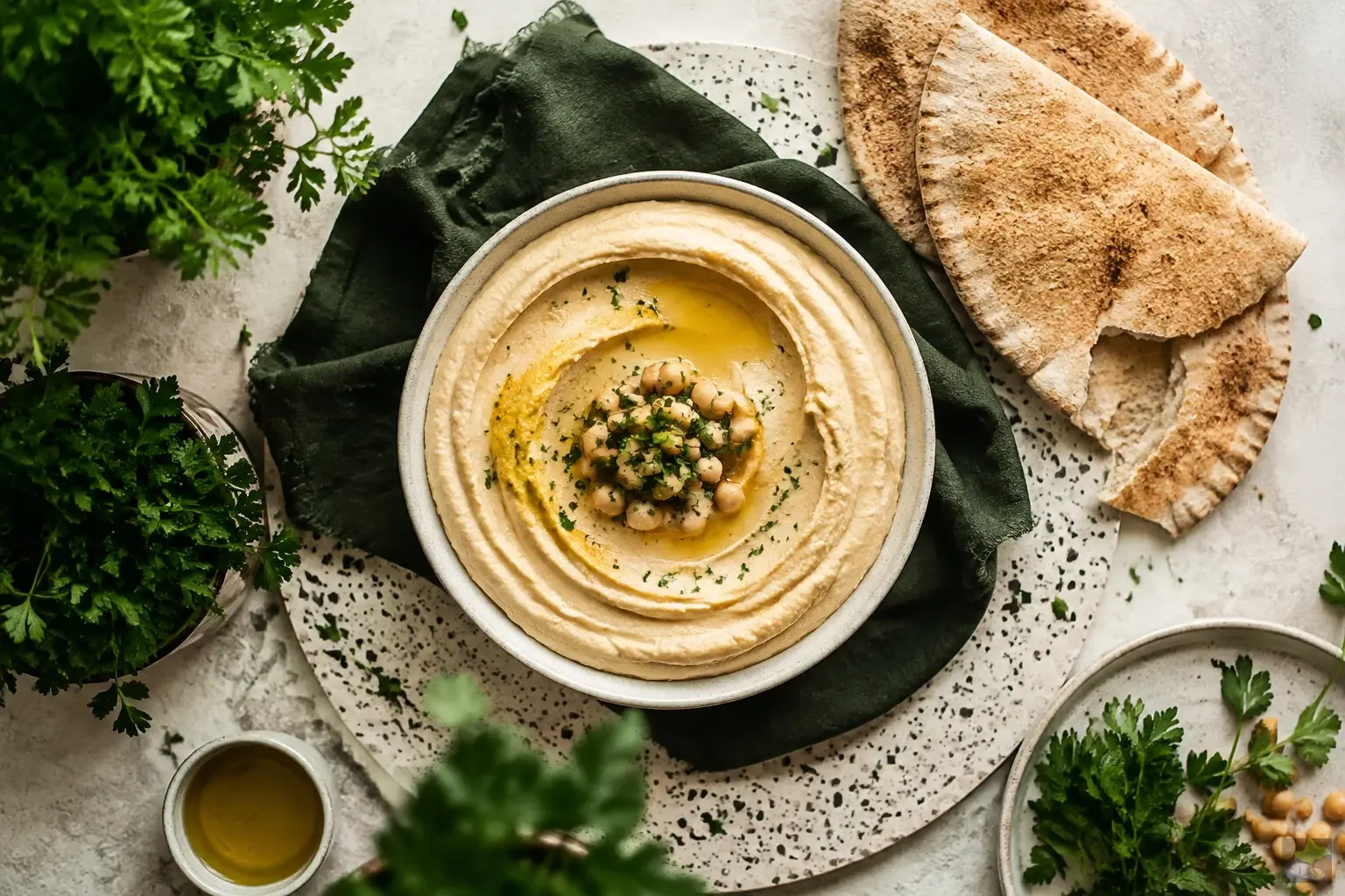 Hummus mit Vollkornfladenbrot und Petersilie.
