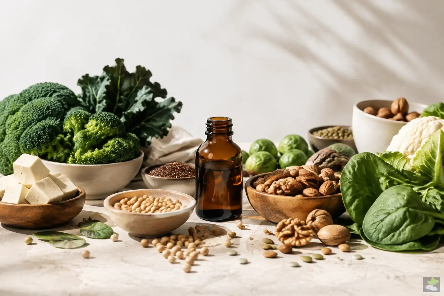 Vielfältige vegane Zutaten neben einem schlichten Braunglas.