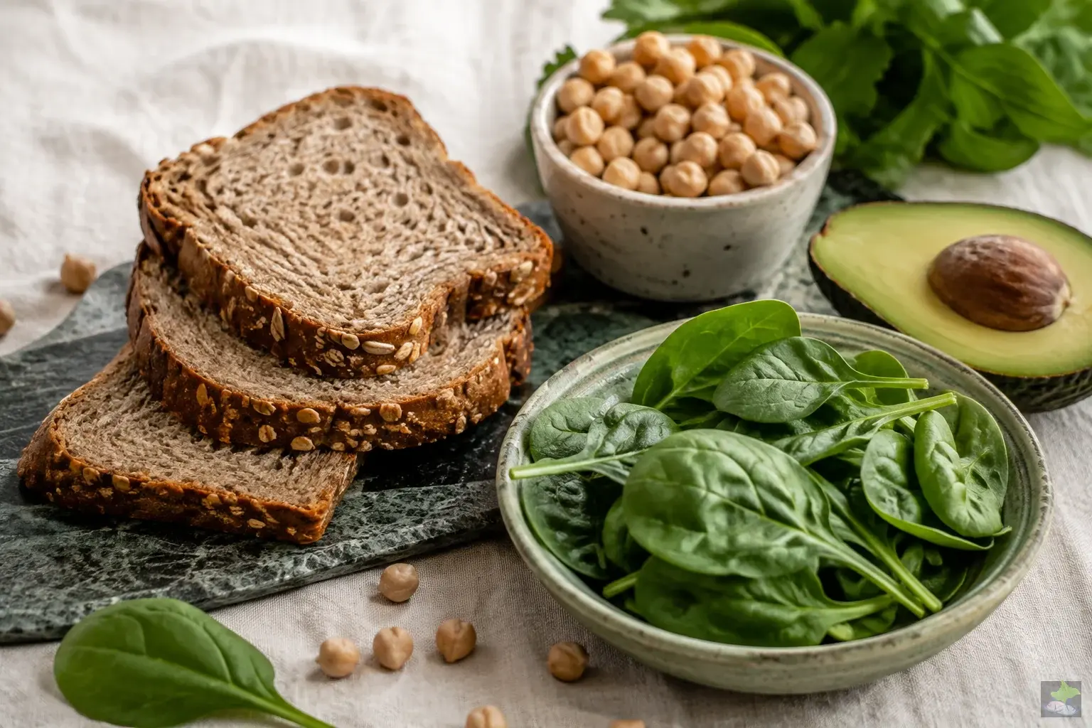 Vollkornbrot, Kichererbsen, Spinat und Avocado.