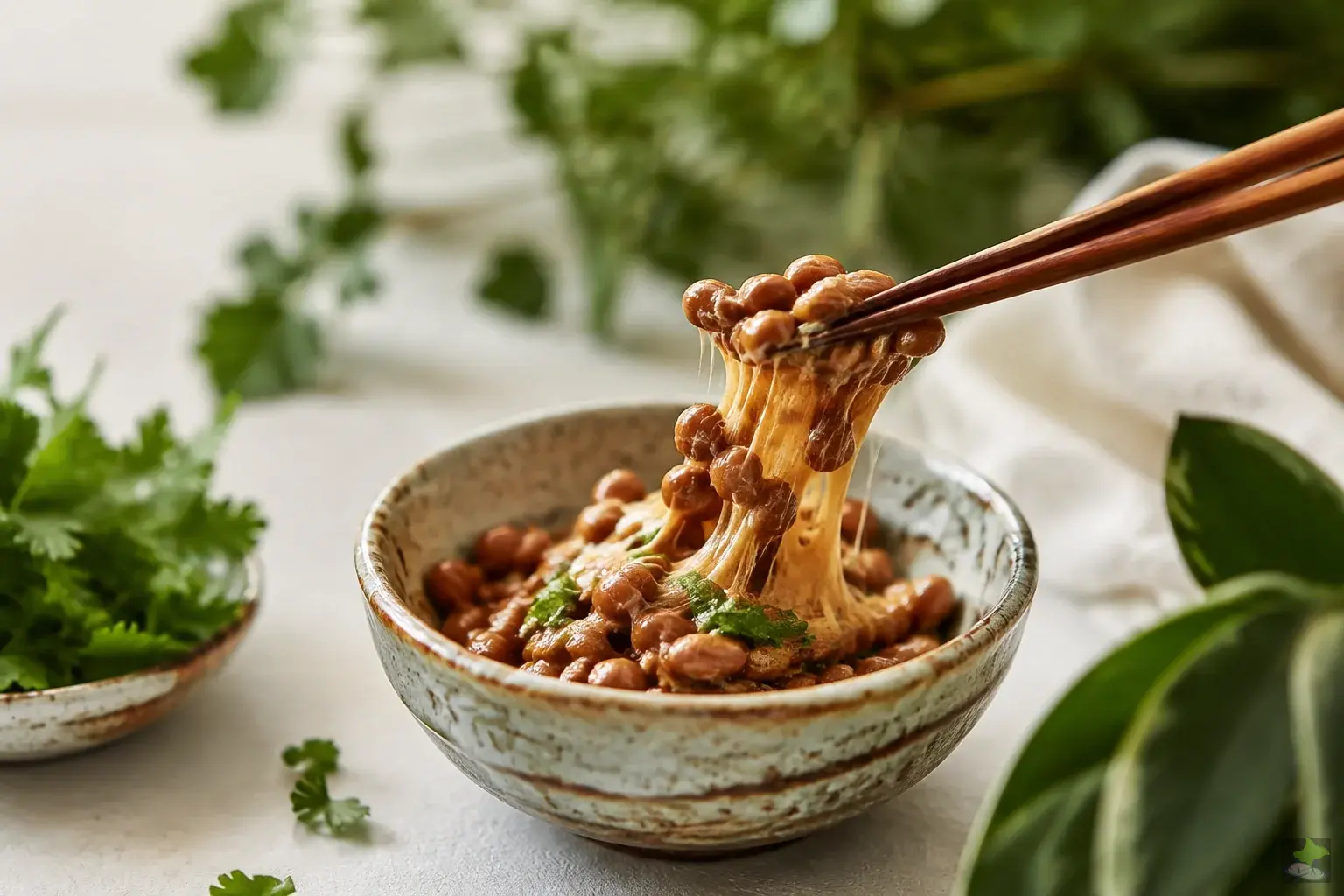 Natto mit Stäbchen und frischen Kräutern.