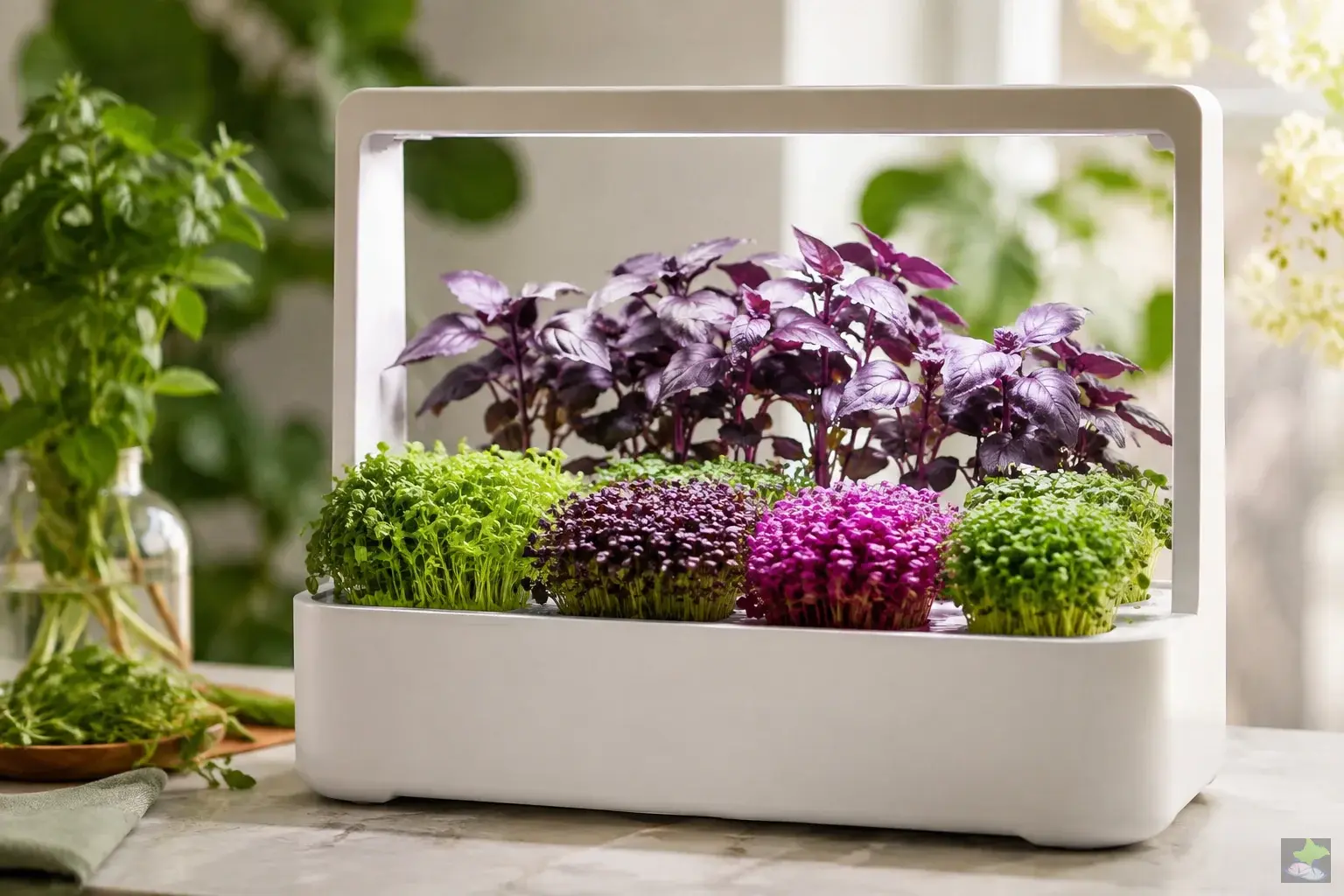 Bunte Microgreens und violetter Basilikum im Pflanzgefäß.