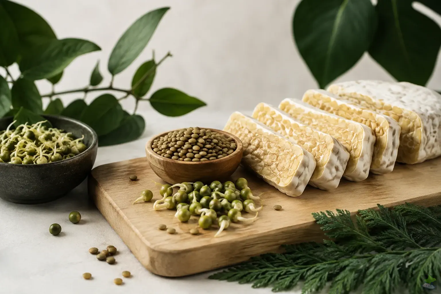 Tempeh, Linsen und Erbsensprossen auf einem Schneidebrett.