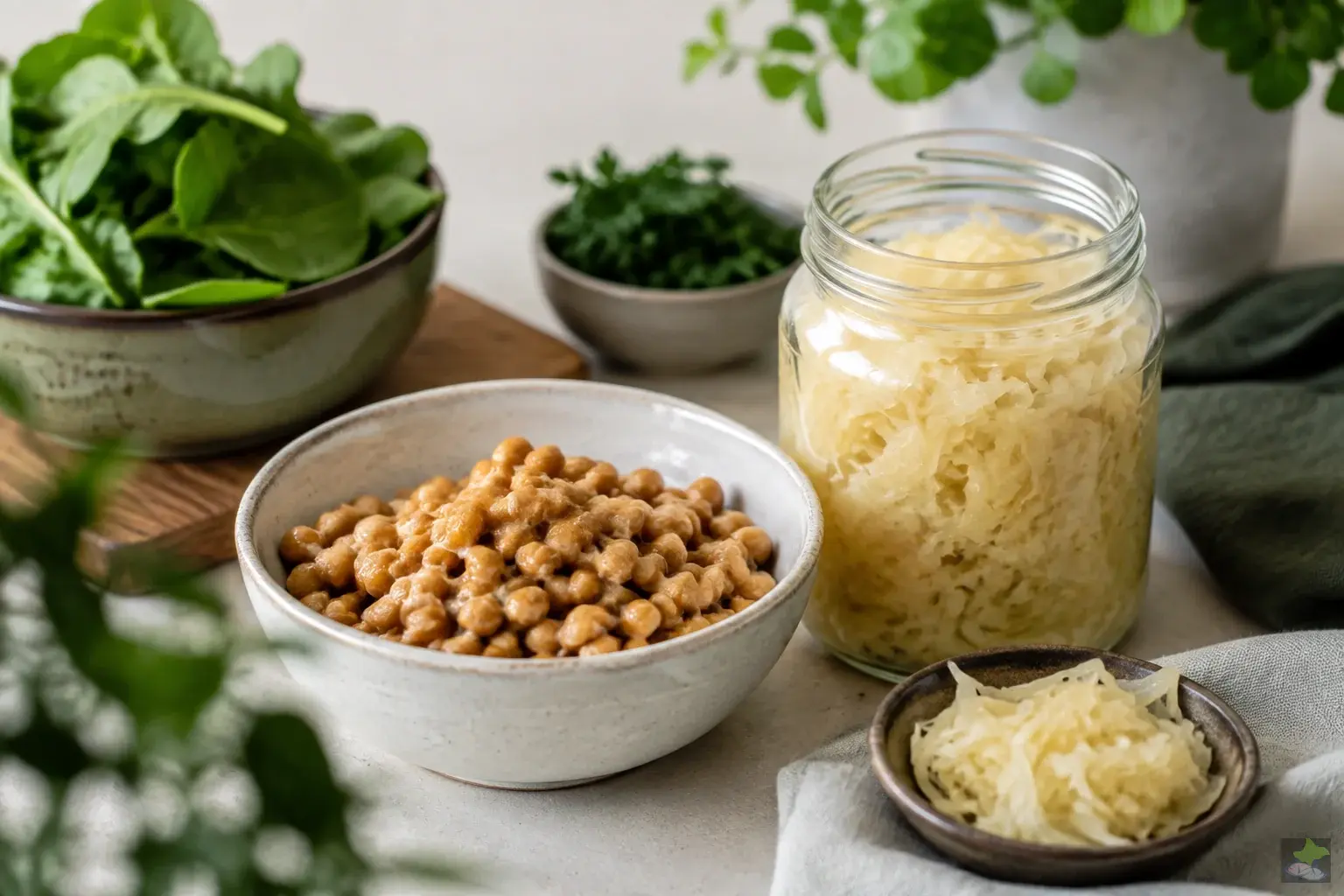 Fermentierte Sojabohnen und Sauerkraut im Glas.