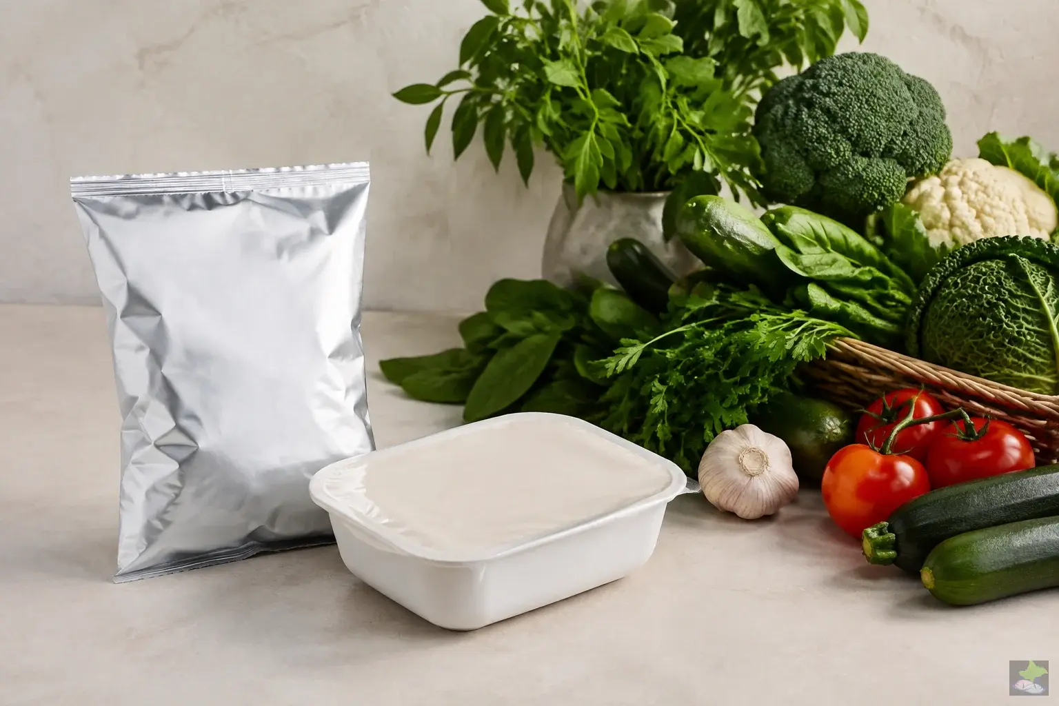 Envases neutros de alimentos junto a verduras frescas.