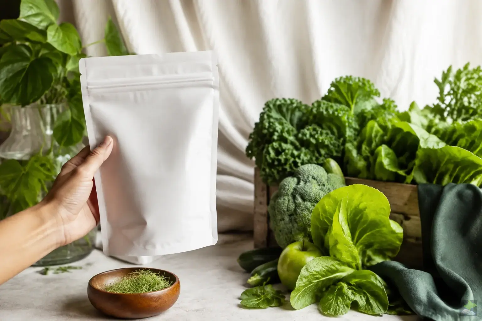 Una mano sostiene un envase sin etiqueta junto a ingredientes frescos.