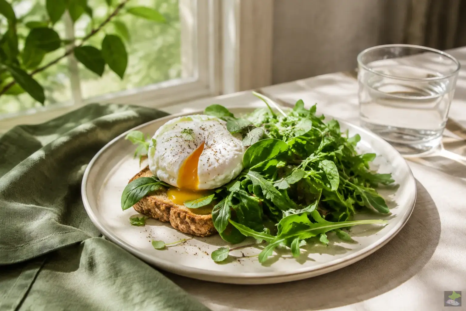Desayuno con huevo, pan integral y hortalizas de hoja bajo la luz de la mañana