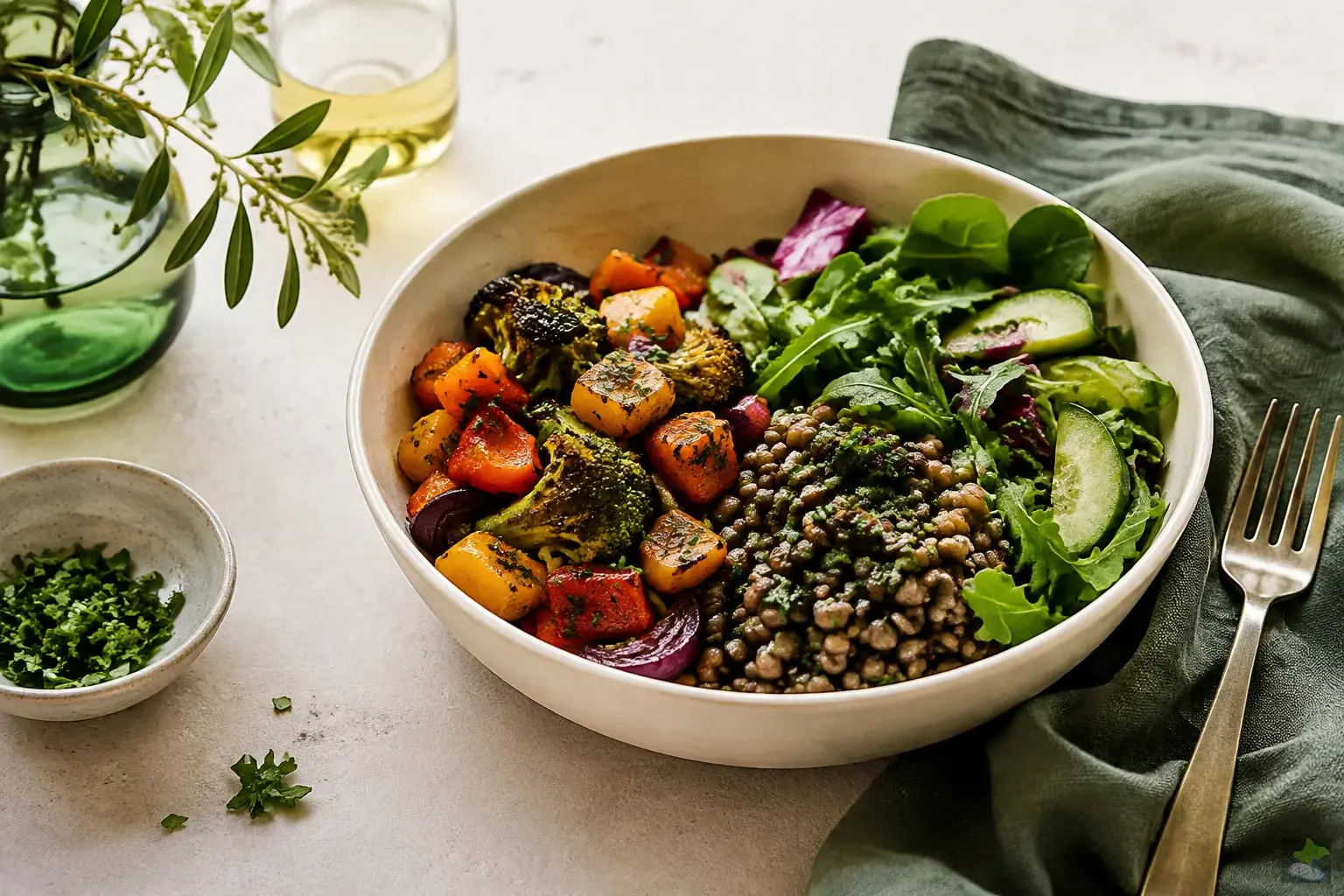 Comida equilibrada con lentejas, verduras y ensalada fresca