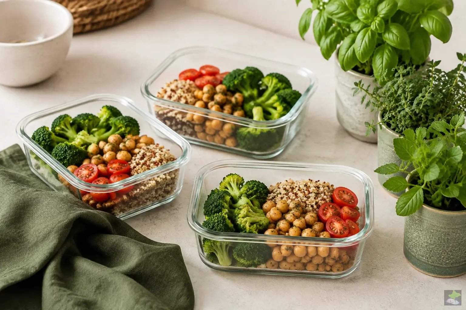 Comidas preparadas con verduras y quinoa en recipientes de vidrio