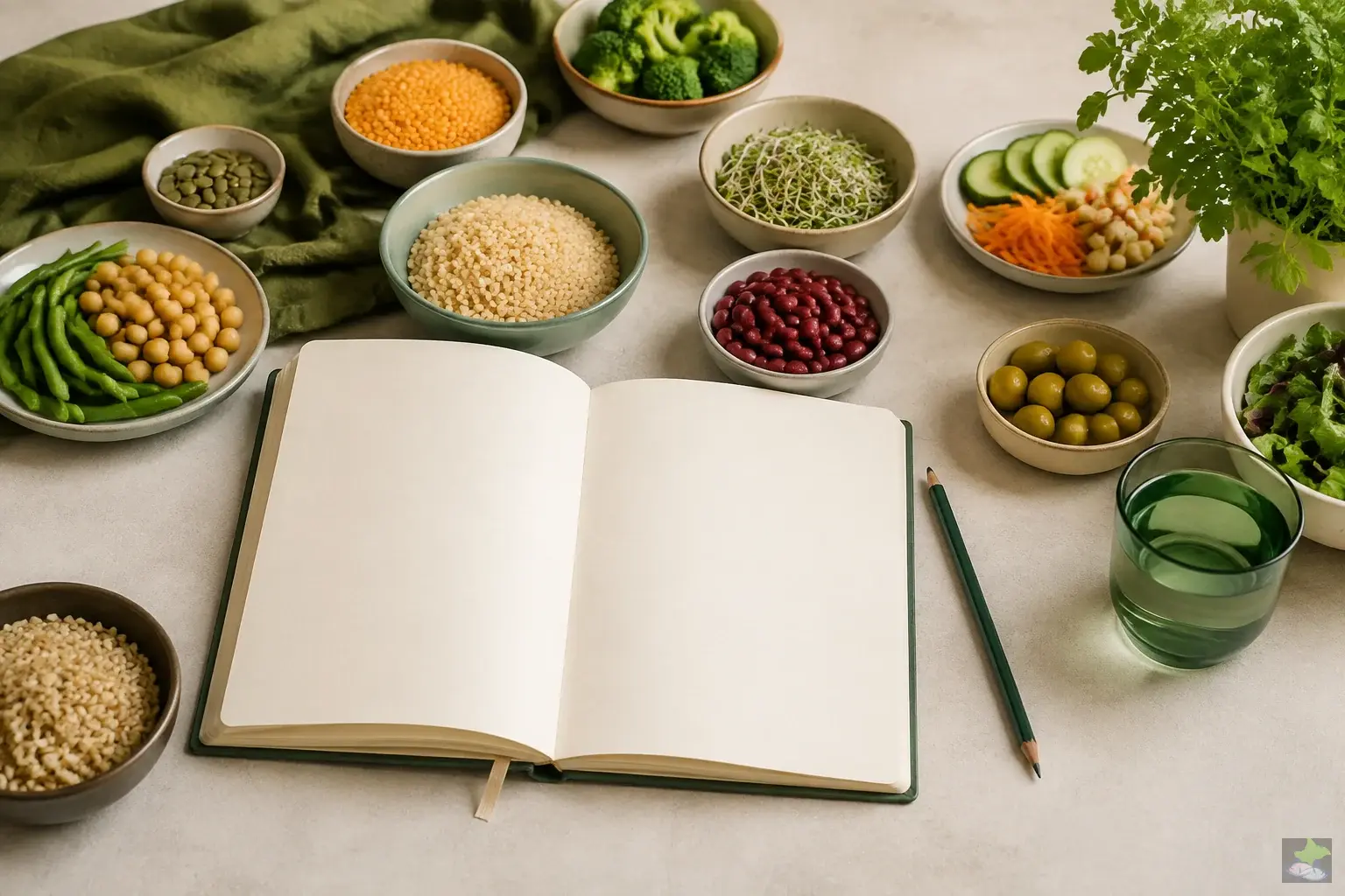 Cuaderno vacío junto a cereales, legumbres y verduras