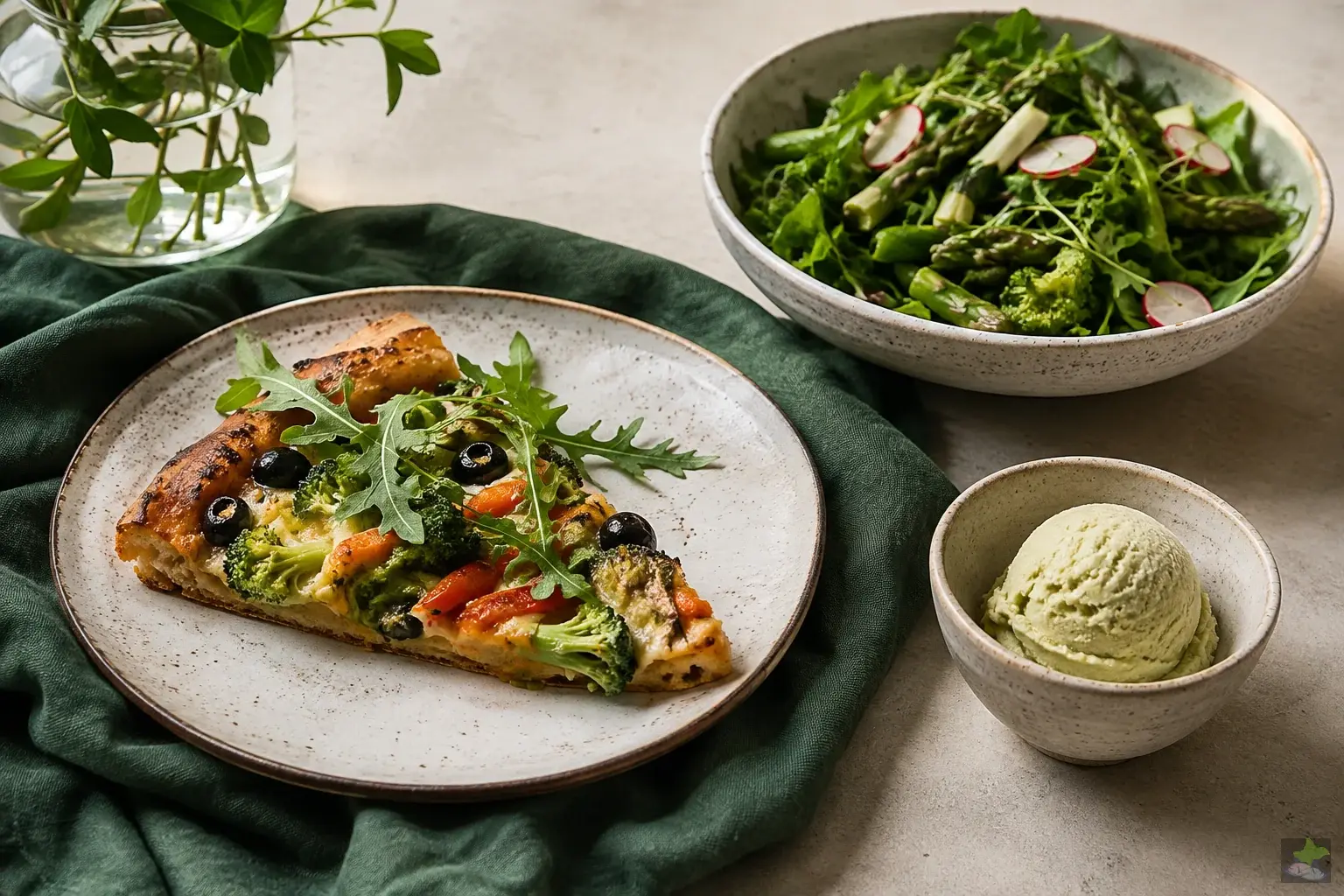 Pizza de verduras con ensalada y un pequeño cuenco de helado