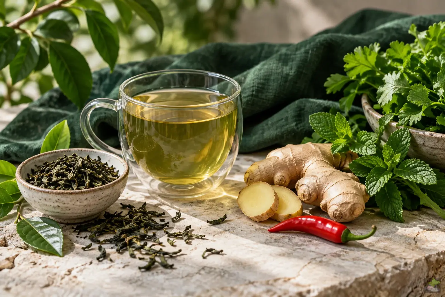 Grüner Tee, Ingwer, eine rote Chilischote und frische Kräuter auf hellem Stein.