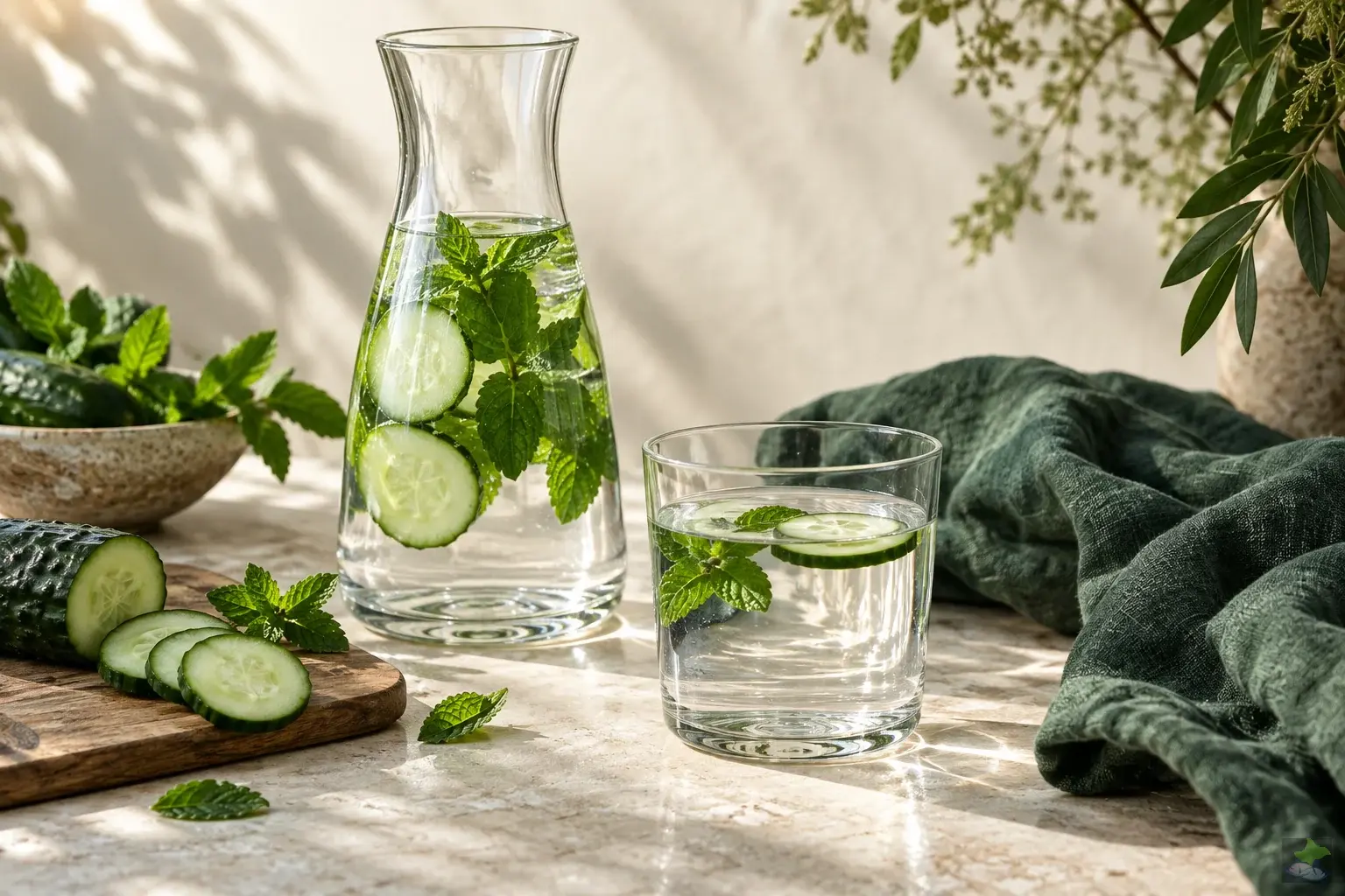 Glaskaraffe und Glas mit Wasser neben Gurkenscheiben und Minze.