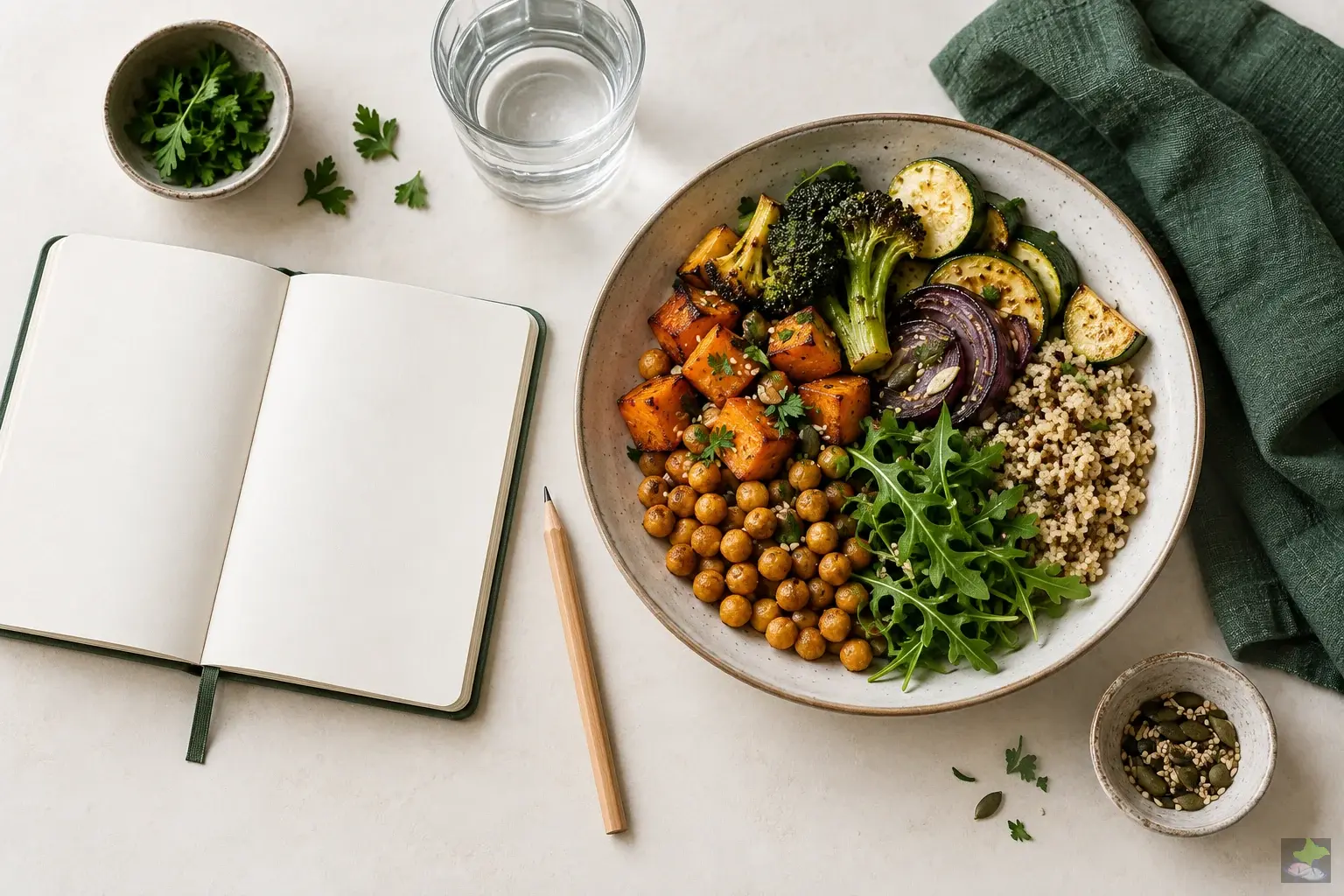 Cuaderno y bolígrafo junto a una comida equilibrada con verduras, garbanzos y cereales integrales.