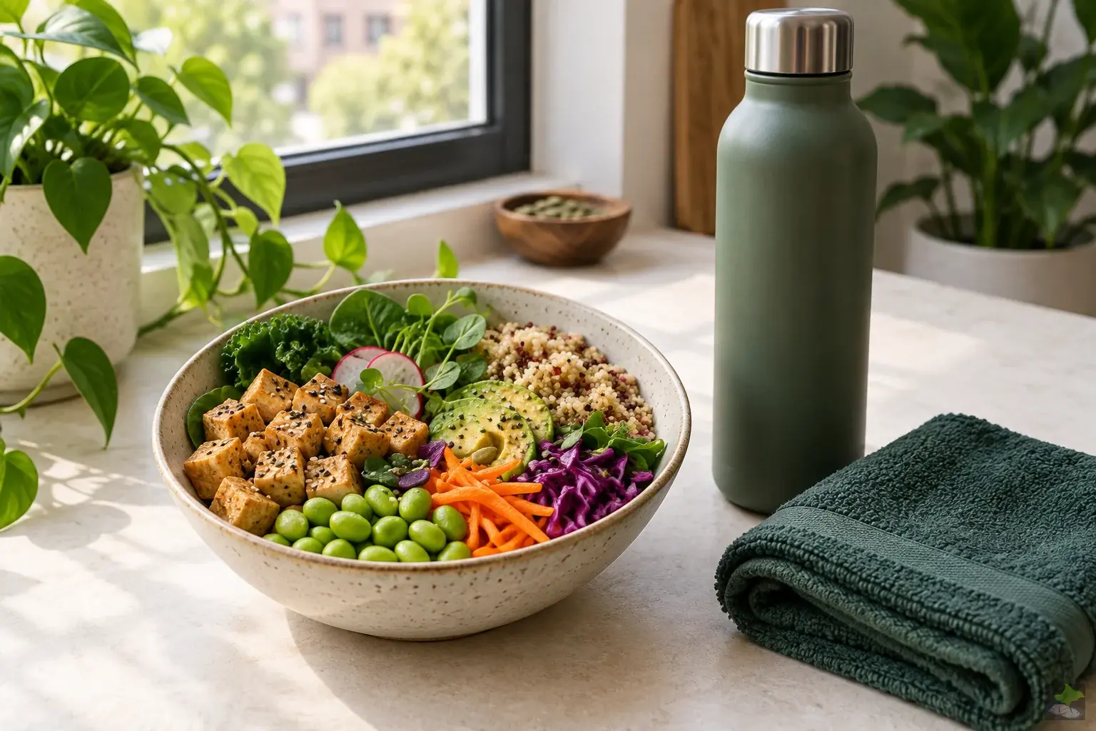 Vegane Mahlzeit mit Tofu, Quinoa und Edamame neben einer Sportflasche und einem Handtuch.